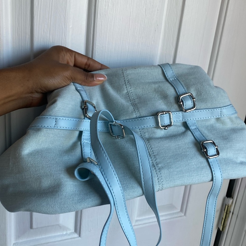 Blue Denim Buckle Detail Slouchy Clutch Bag
